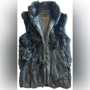 Adrienne Landau Real Rabbit Black Fur Sleeveless Jacket Hook Eye Pockets Size M